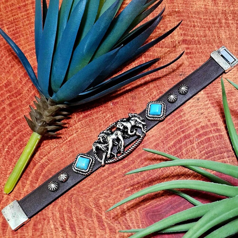 Bracelet. Silver Horses, Brown Faux Leather Band, Turquoise Stones. NWT. - Picture 1 of 13
